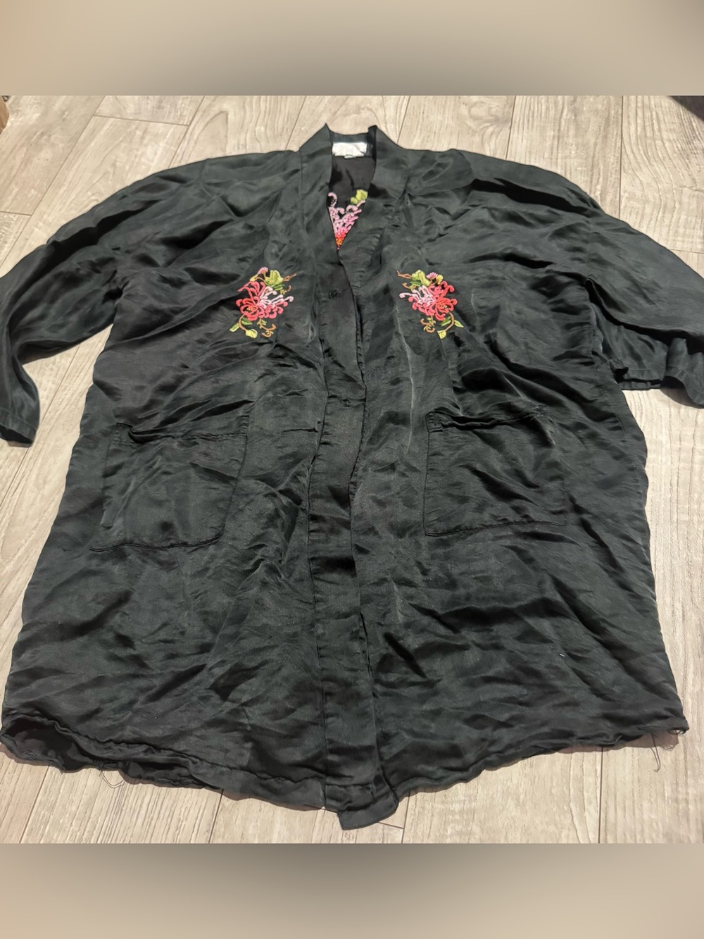 Golden Dragon Hand Embroidered Open-Front Black 100% Silk Kimono Blazer